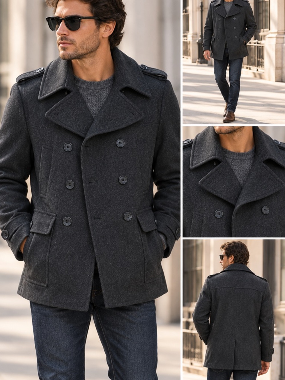 JF J Ferrar Mens XL Charcoal Gray Wool Blend Pea Coat Double Breasted Military